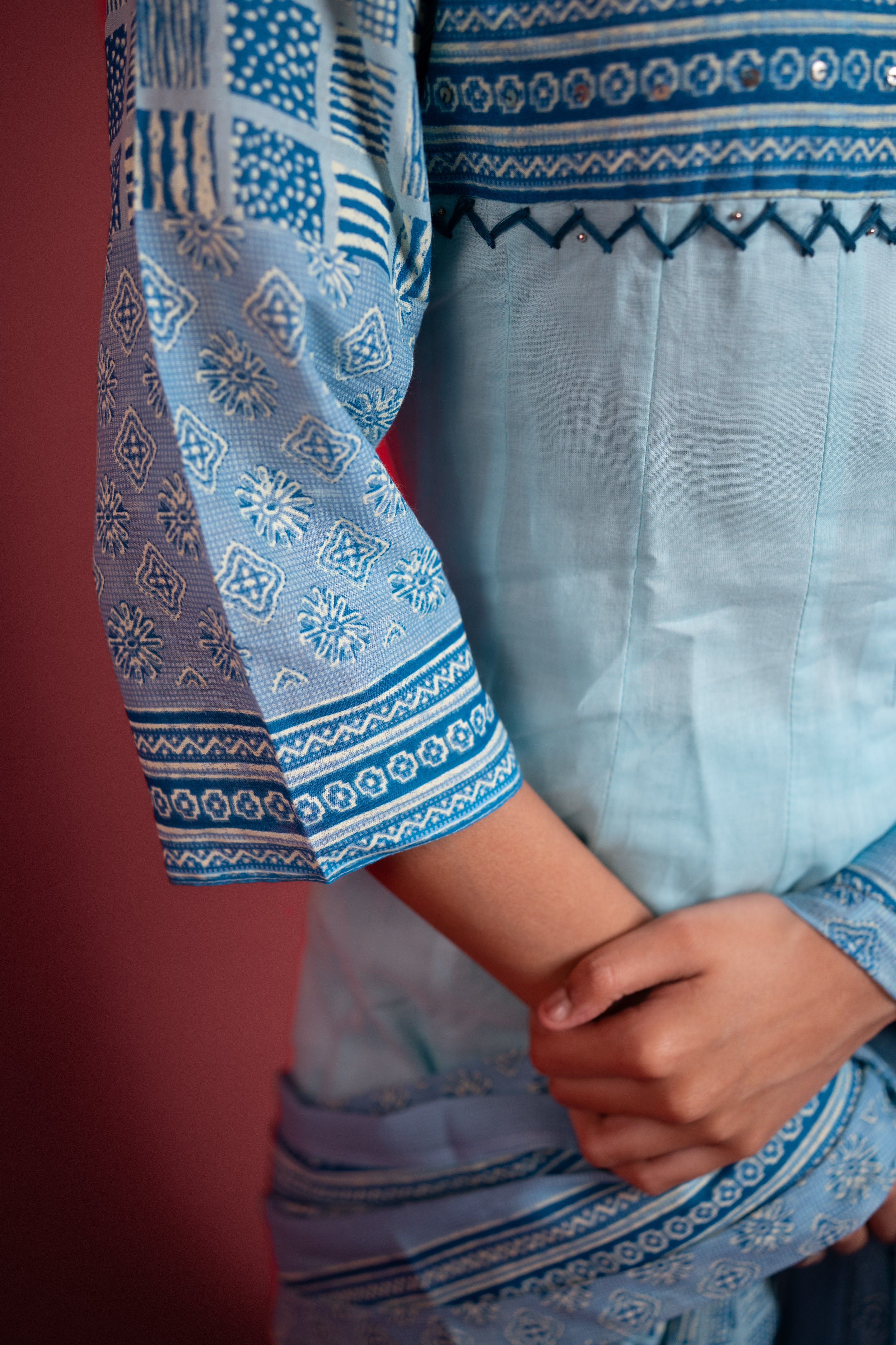 Powder Blue Printed Anarkali Suit Set
