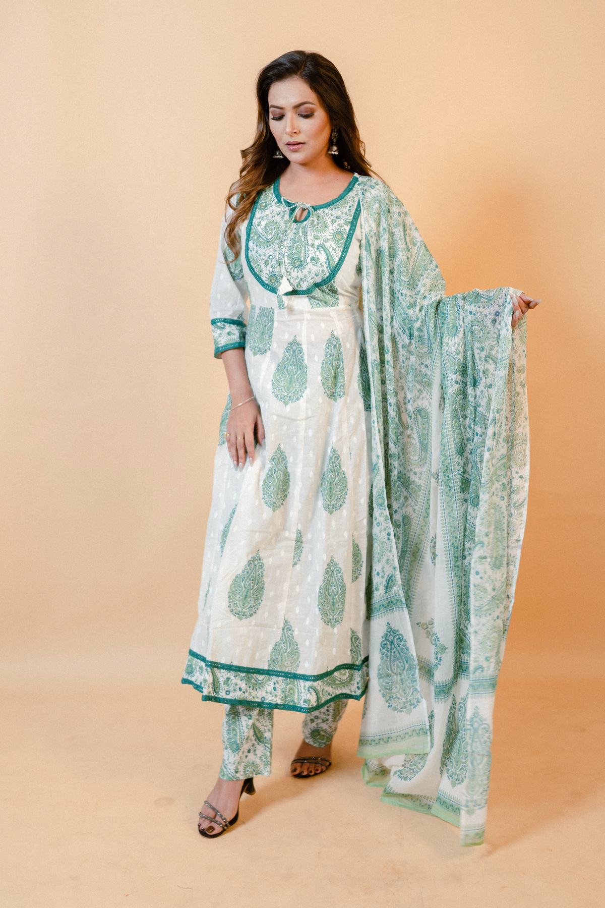 White Jaipuri Print Anarkali Salwar Set