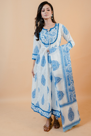 White Jaipuri Print Anarkali Salwar Set