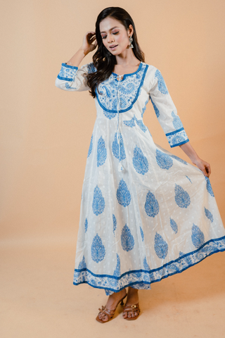 White Jaipuri Print Anarkali Salwar Set