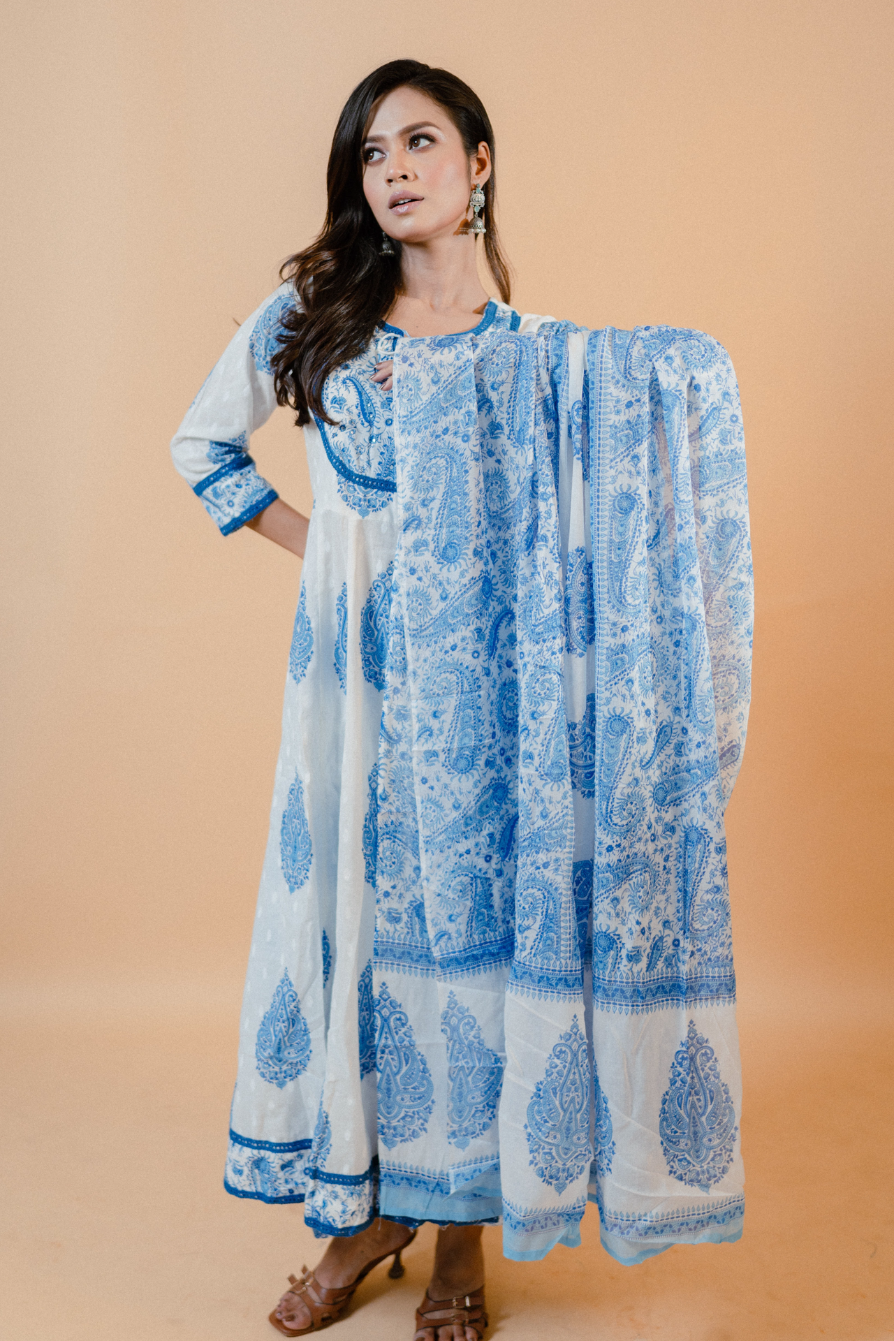 White Jaipuri Print Anarkali Salwar Set