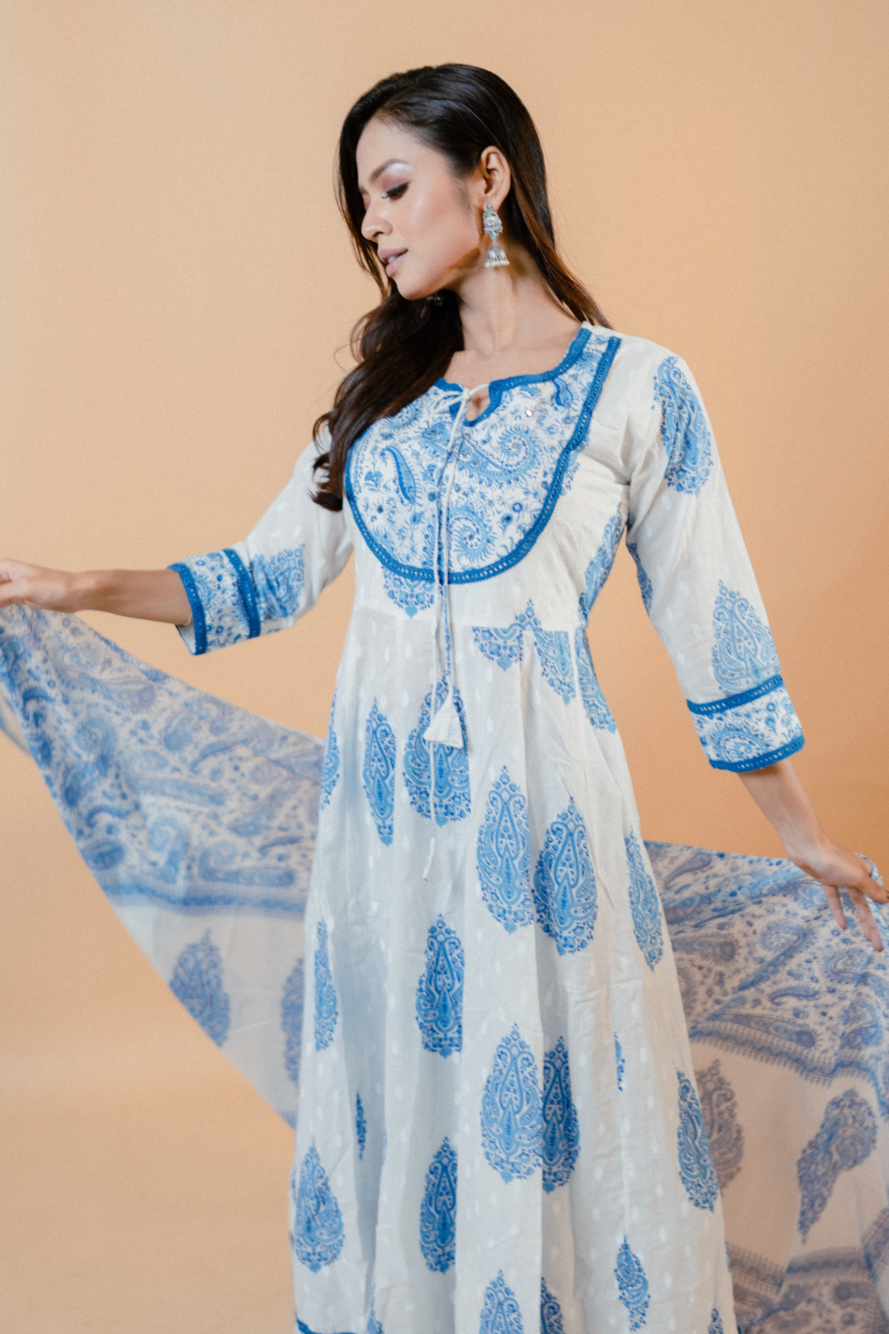 White Jaipuri Print Anarkali Salwar Set