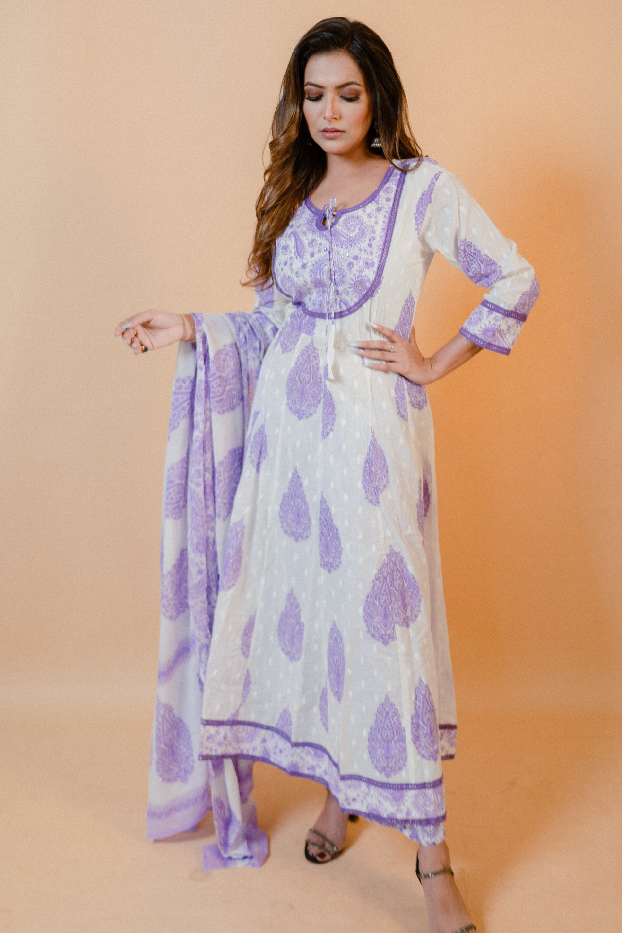 White Jaipuri Print Anarkali Salwar Set