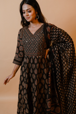Jaipuri Block Print Anarkali Kurta Set with Dupatta