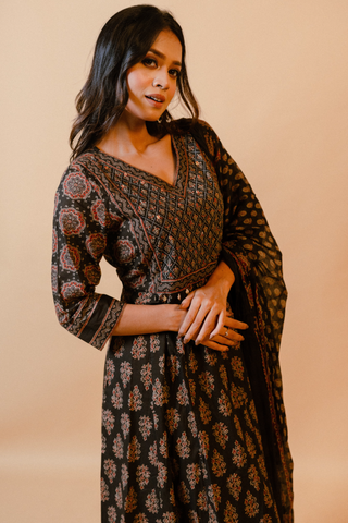 Jaipuri Block Print Anarkali Kurta Set with Dupatta