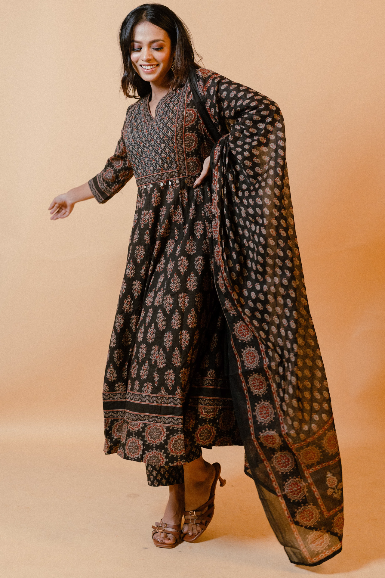 Jaipuri Block Print Anarkali Kurta Set with Dupatta