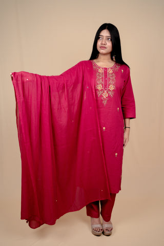 Graceful Cotton Salwar Suit with Hand Embroidery and Mirror-Work on Dupatta