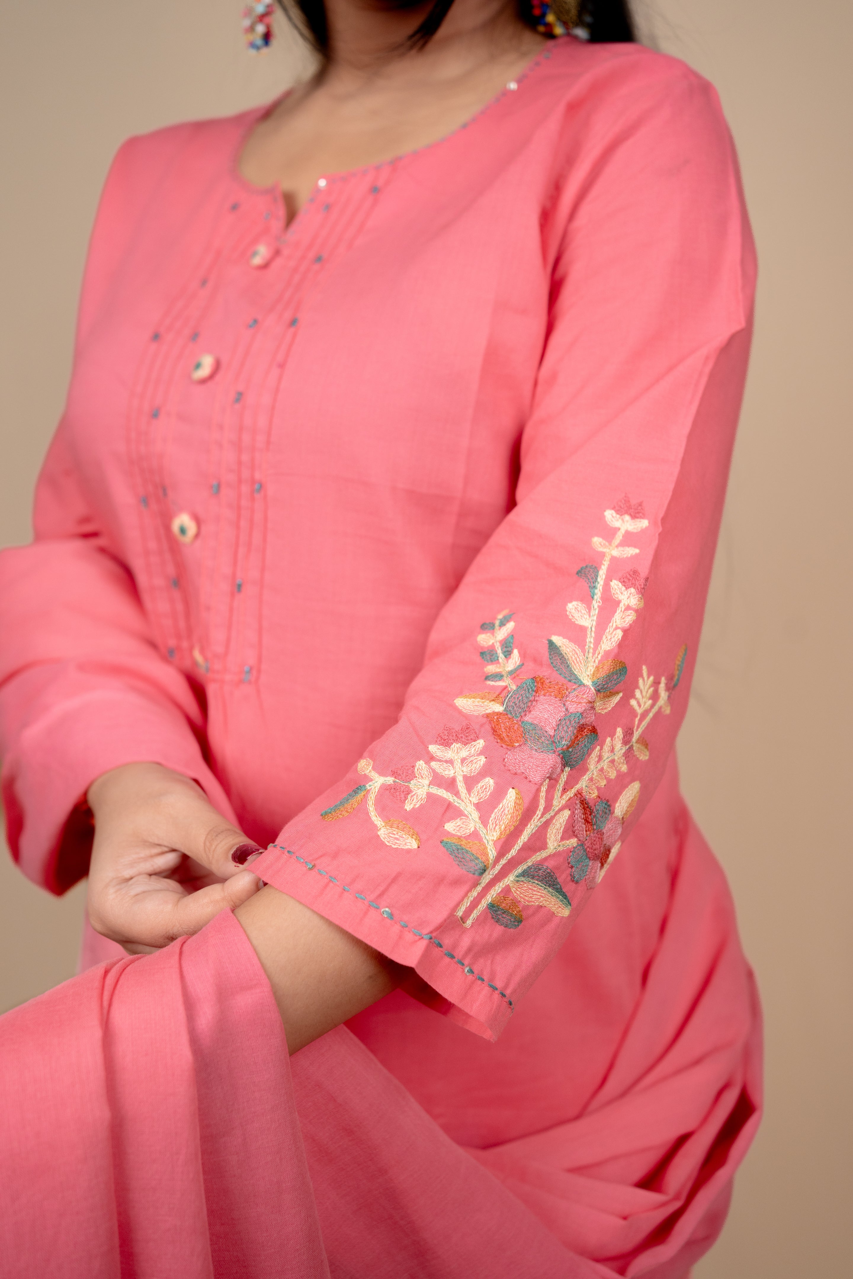Warm Baby Pink Cotton Embroidered Suit