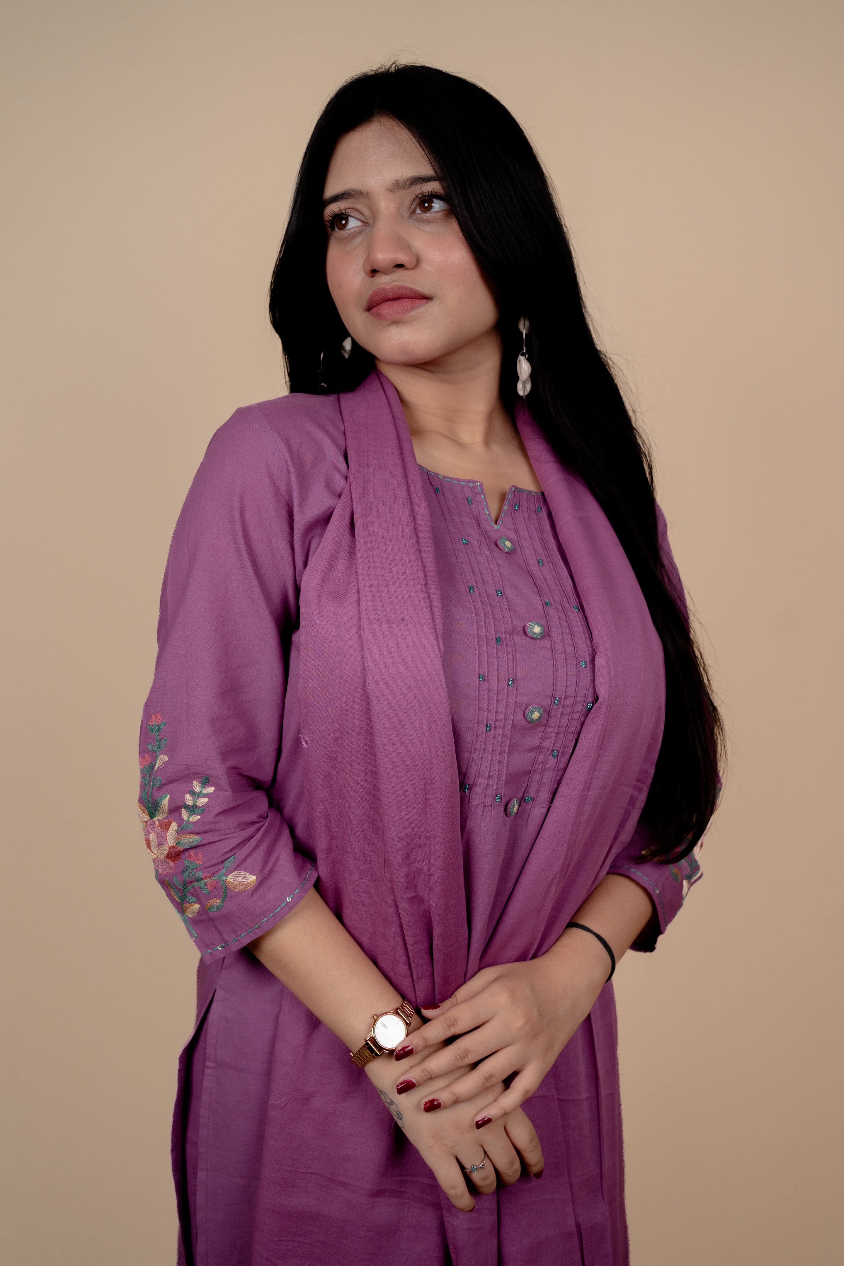 Elegant Purple Cotton Embroidered Salwar Kameez Set with Thread & Bead Work