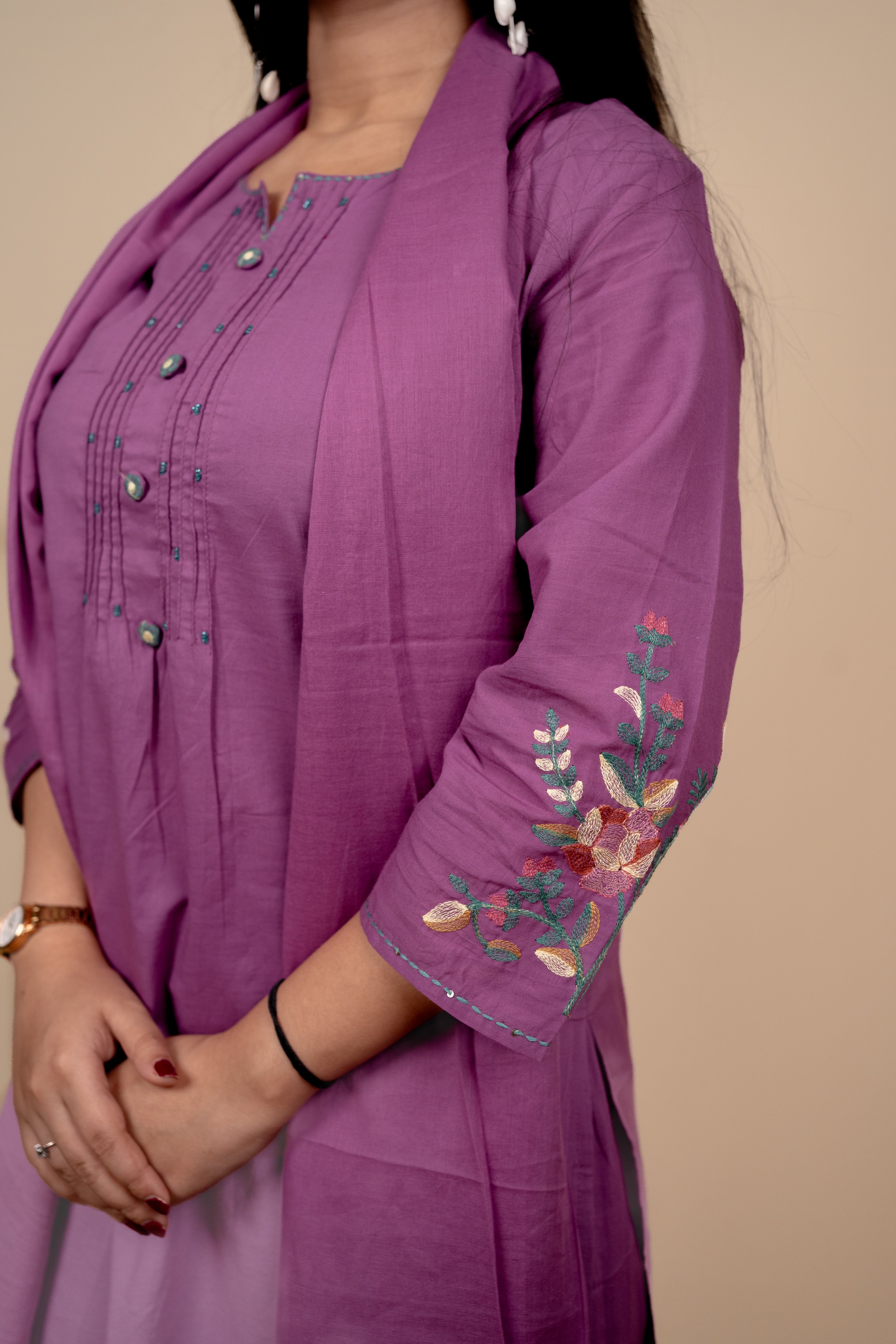 Elegant Purple Cotton Embroidered Salwar Kameez Set with Thread & Bead Work