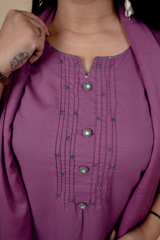Elegant Purple Cotton Embroidered Salwar Kameez Set with Thread & Bead Work