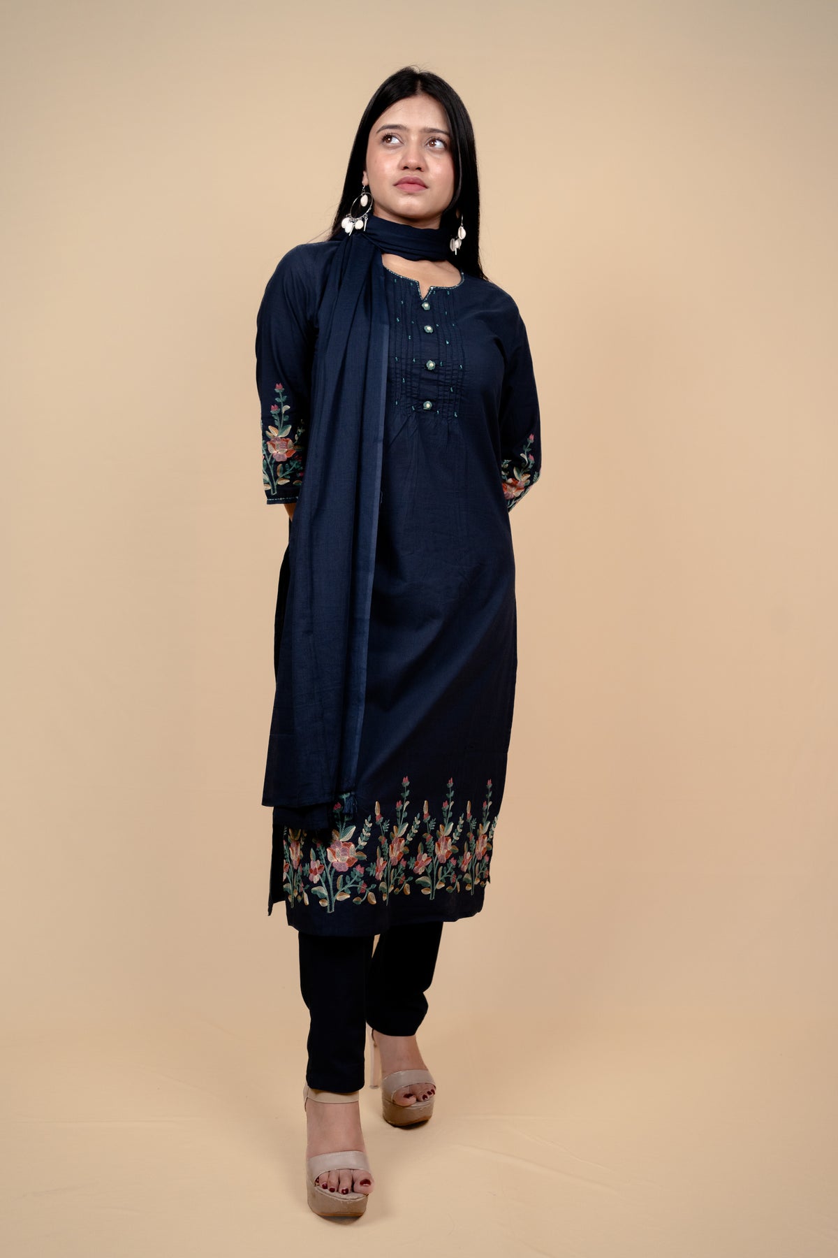 Elegant Navy Blue Cotton Embroidered Salwar Kameez Suit with Thread & Bead Work