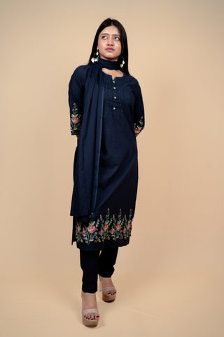 Elegant Navy Blue Cotton Embroidered Salwar Kameez Suit with Thread & Bead Work