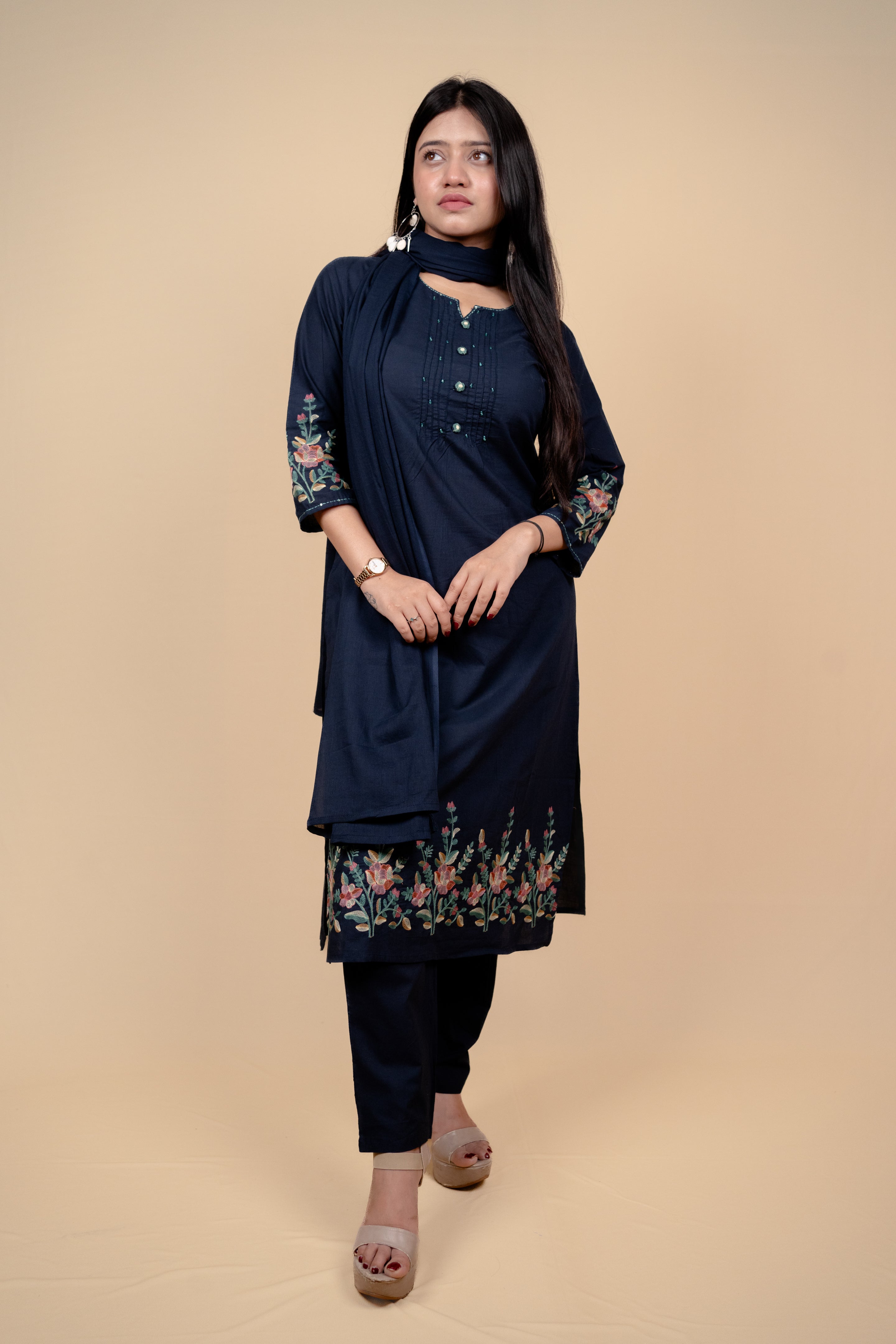 Elegant Navy Blue Cotton Embroidered Salwar Kameez Suit with Thread & Bead Work