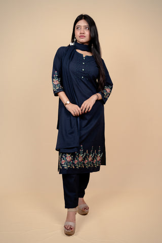 Elegant Navy Blue Cotton Embroidered Salwar Kameez Suit with Thread & Bead Work