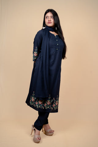 Elegant Navy Blue Cotton Embroidered Salwar Kameez Suit with Thread & Bead Work