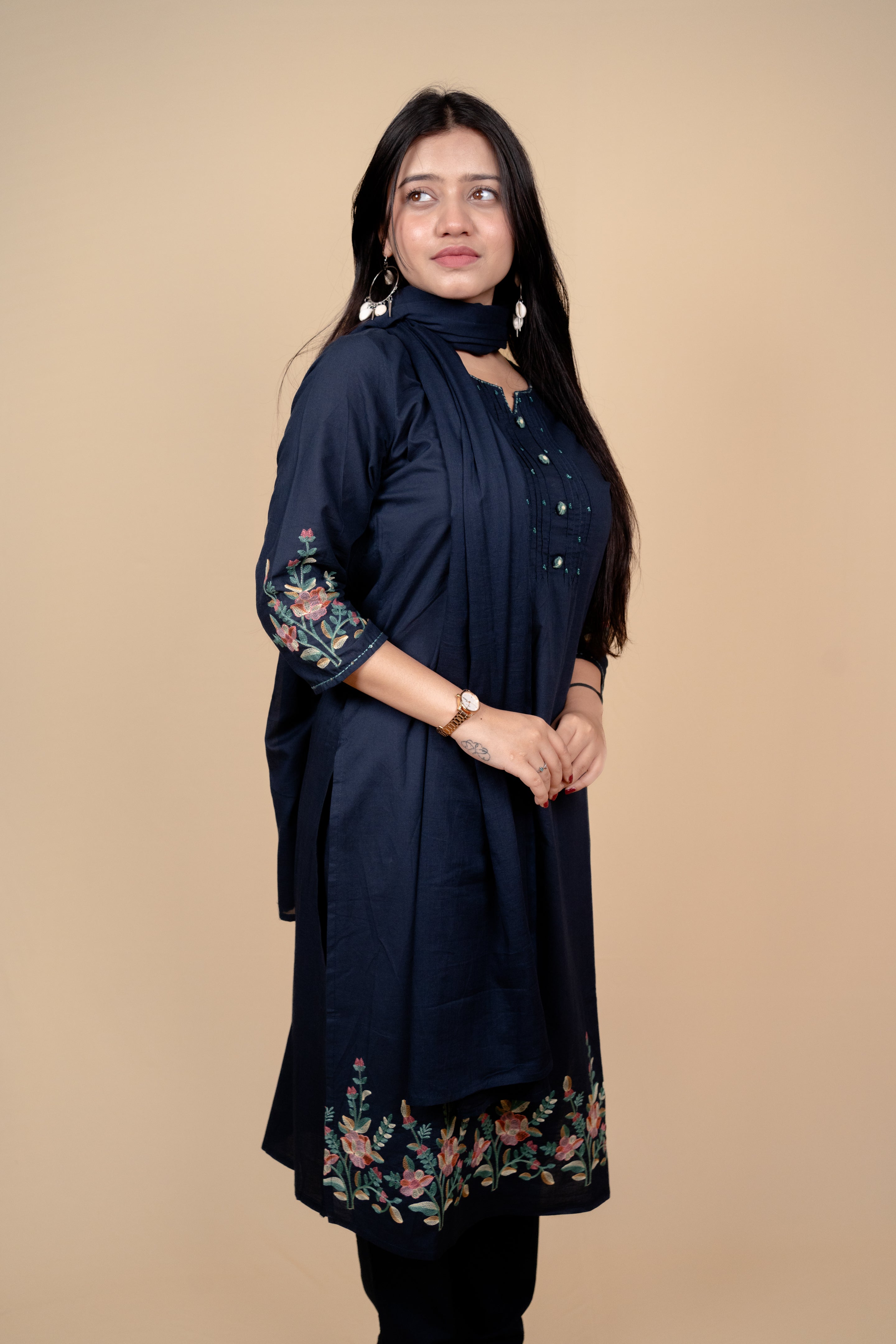 Elegant Navy Blue Cotton Embroidered Salwar Kameez Suit with Thread & Bead Work