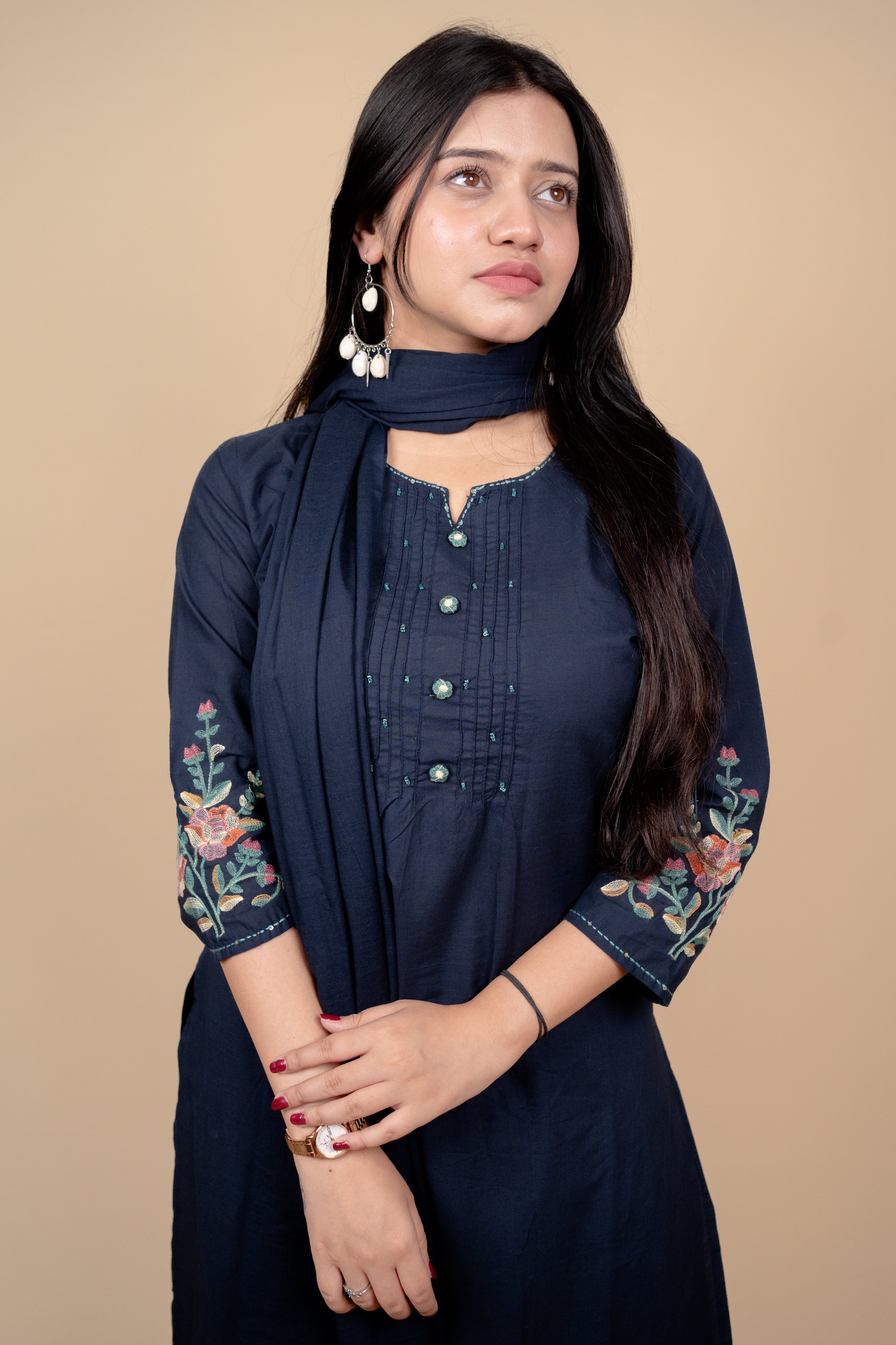 Elegant Navy Blue Cotton Embroidered Salwar Kameez Suit with Thread & Bead Work