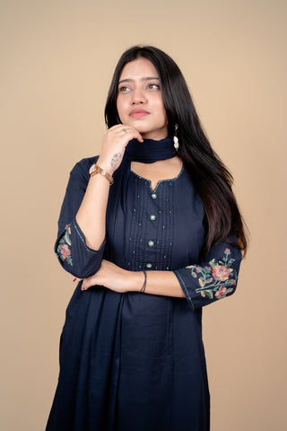 Elegant Navy Blue Cotton Embroidered Salwar Kameez Suit with Thread & Bead Work