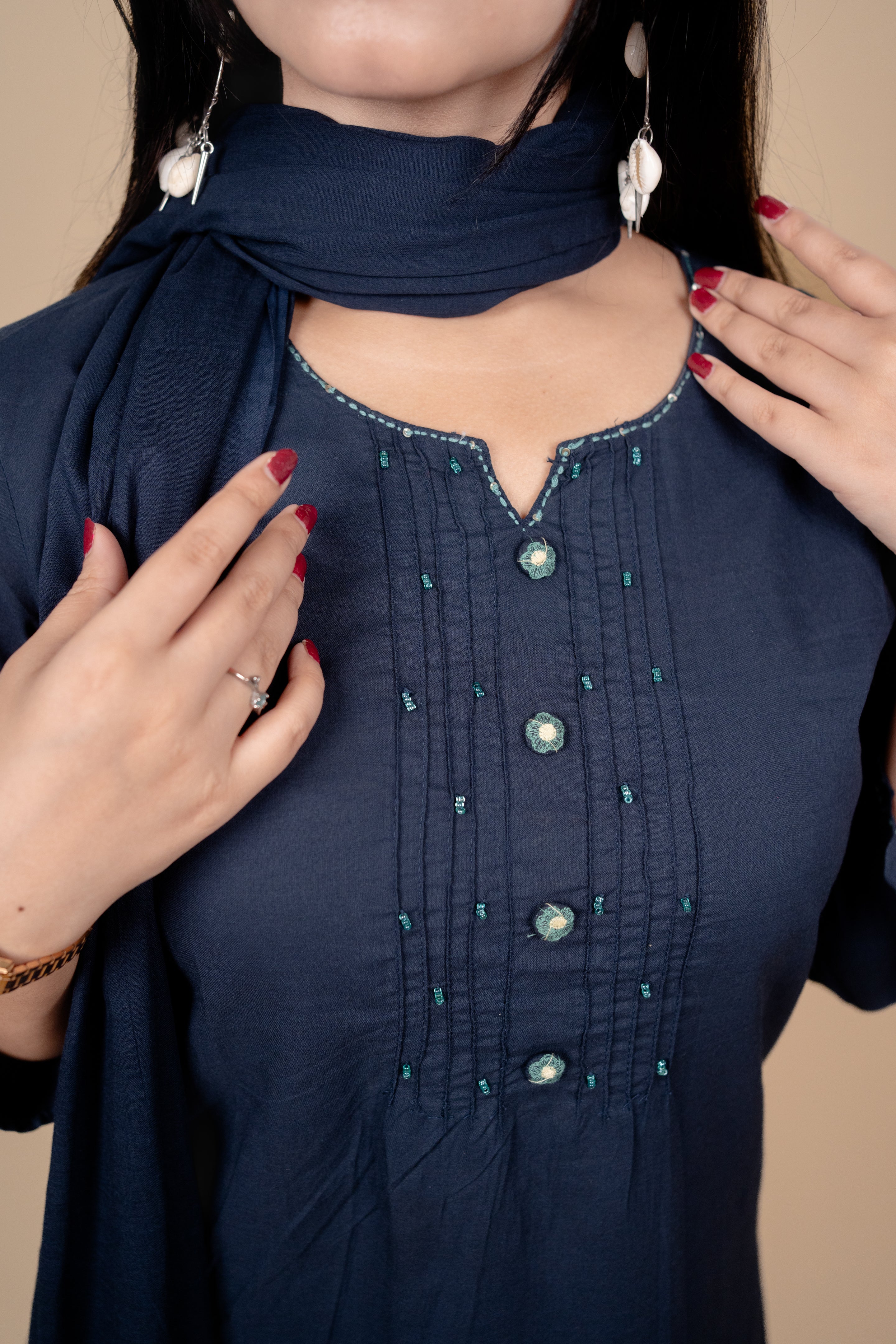 Elegant Navy Blue Cotton Embroidered Salwar Kameez Suit with Thread & Bead Work