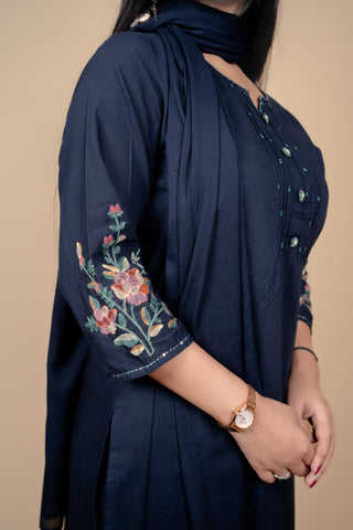 Elegant Navy Blue Cotton Embroidered Salwar Kameez Suit with Thread & Bead Work