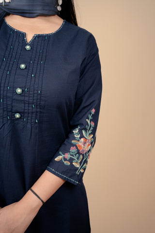 Elegant Navy Blue Cotton Embroidered Salwar Kameez Suit with Thread & Bead Work
