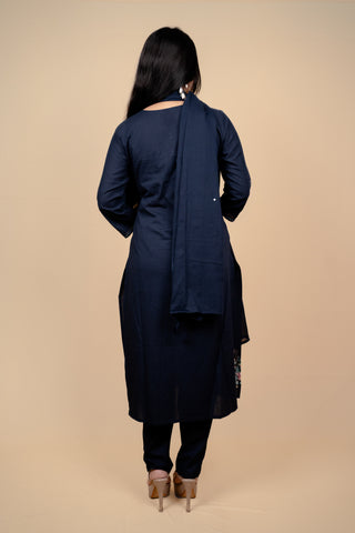 Elegant Navy Blue Cotton Embroidered Salwar Kameez Suit with Thread & Bead Work