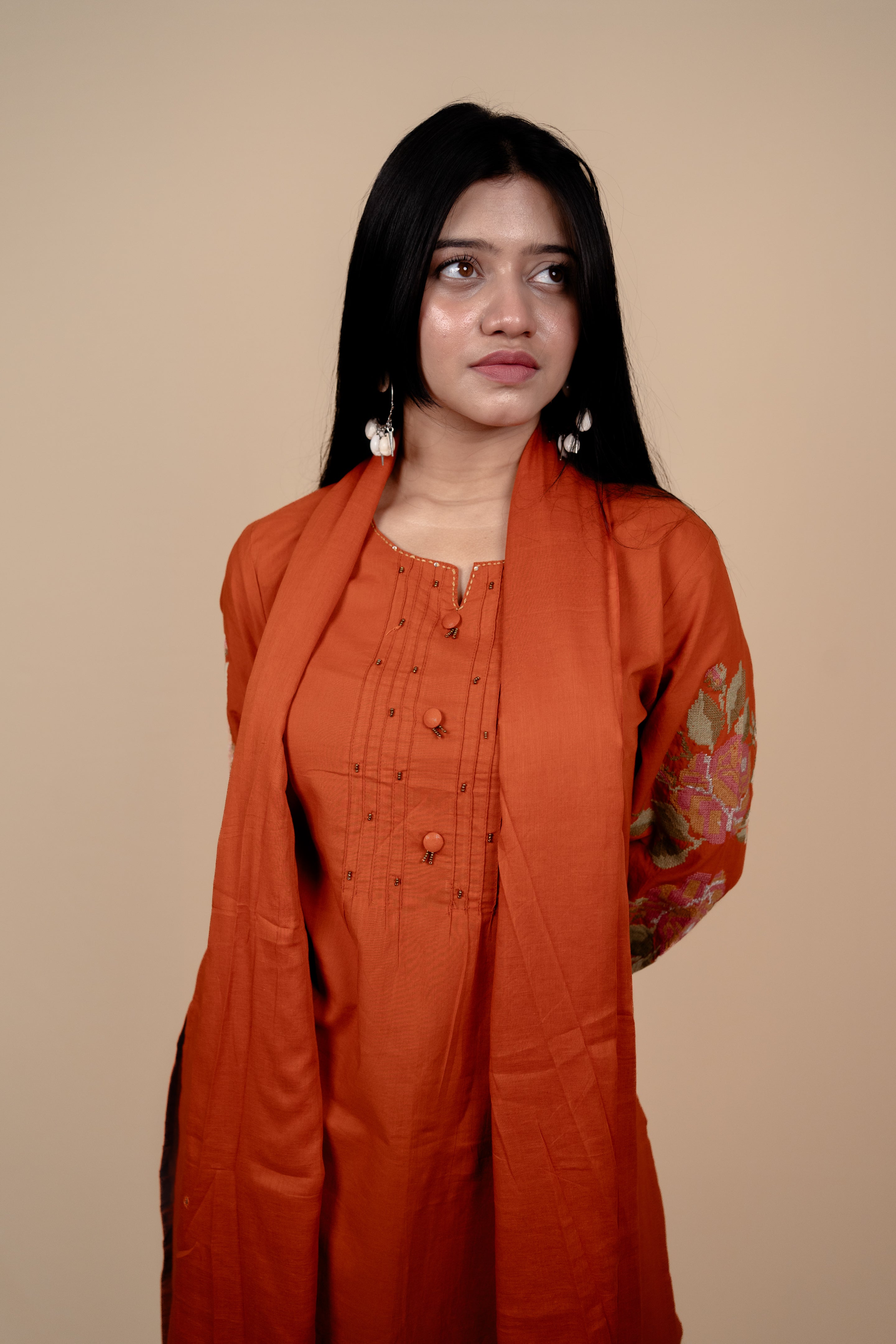 Rust Orange Cotton Suit Set with Intricate Sleeve Embroidery