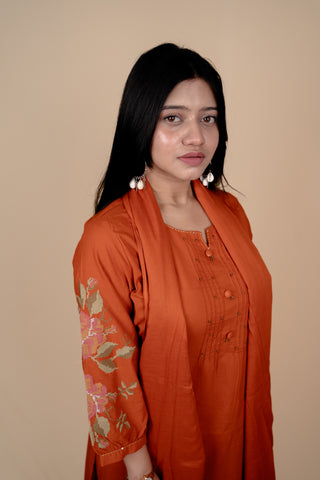 Rust Orange Cotton Suit Set with Intricate Sleeve Embroidery