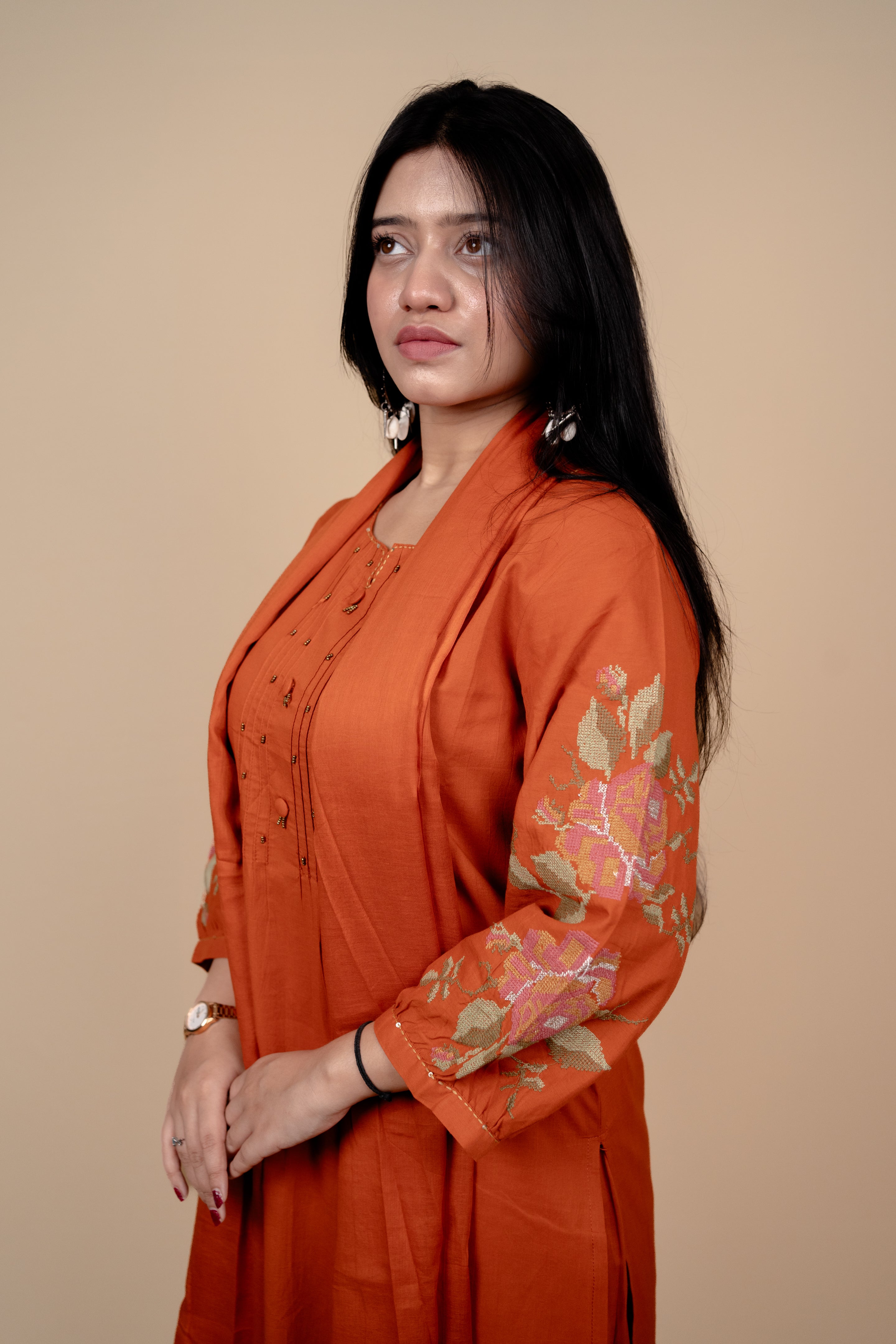 Rust Orange Cotton Suit Set with Intricate Sleeve Embroidery