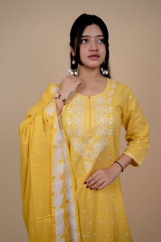 Radiant Yellow Cotton Hand-Embroidered Suit Set