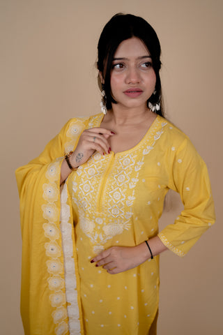 Radiant Yellow Cotton Hand-Embroidered Suit Set