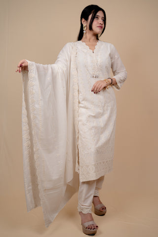 Off-White Embroidered Kurta Set