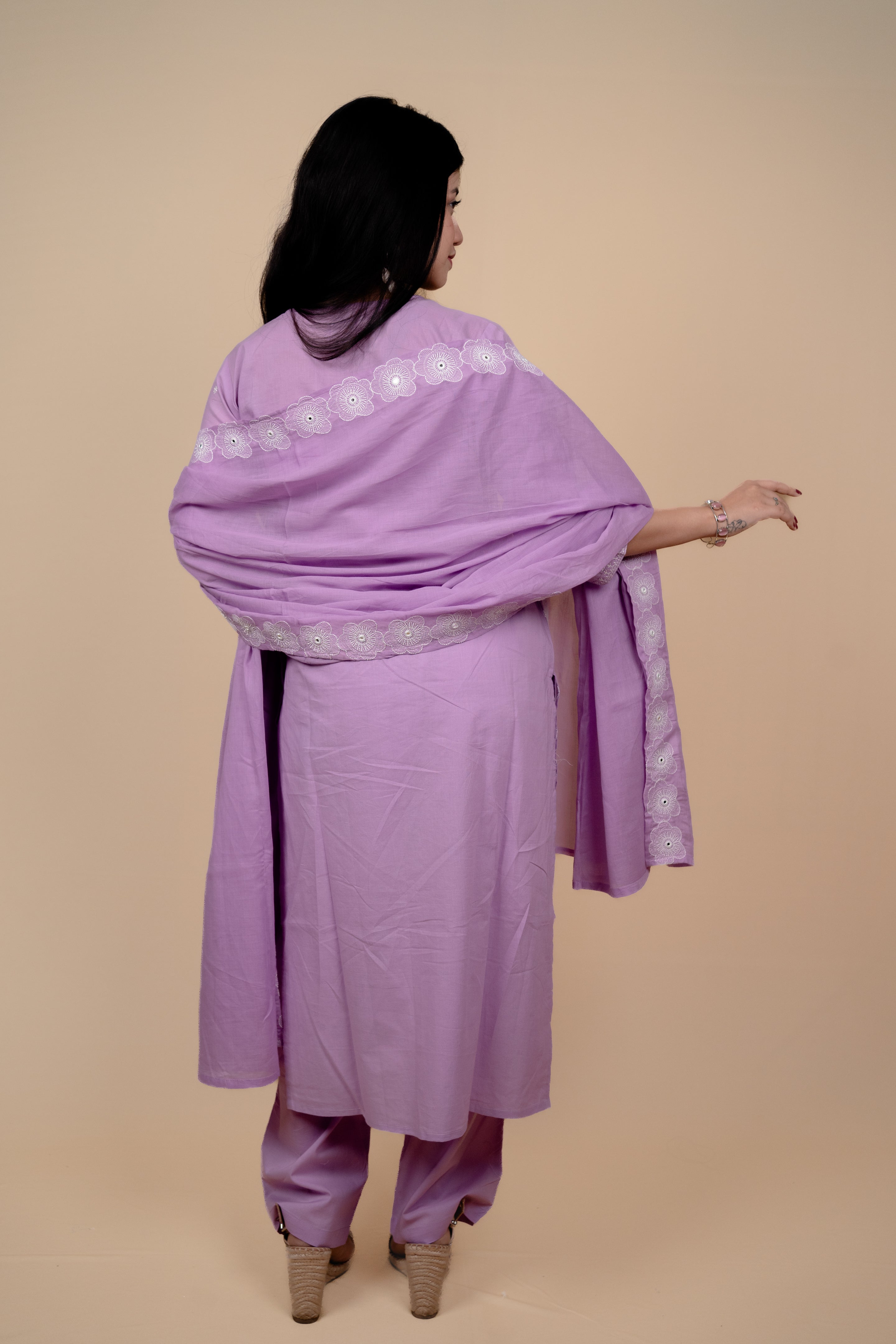 Lavender Dream: Intricately Embroidered Cotton Kurta Set with Embroidery Work Dupatta