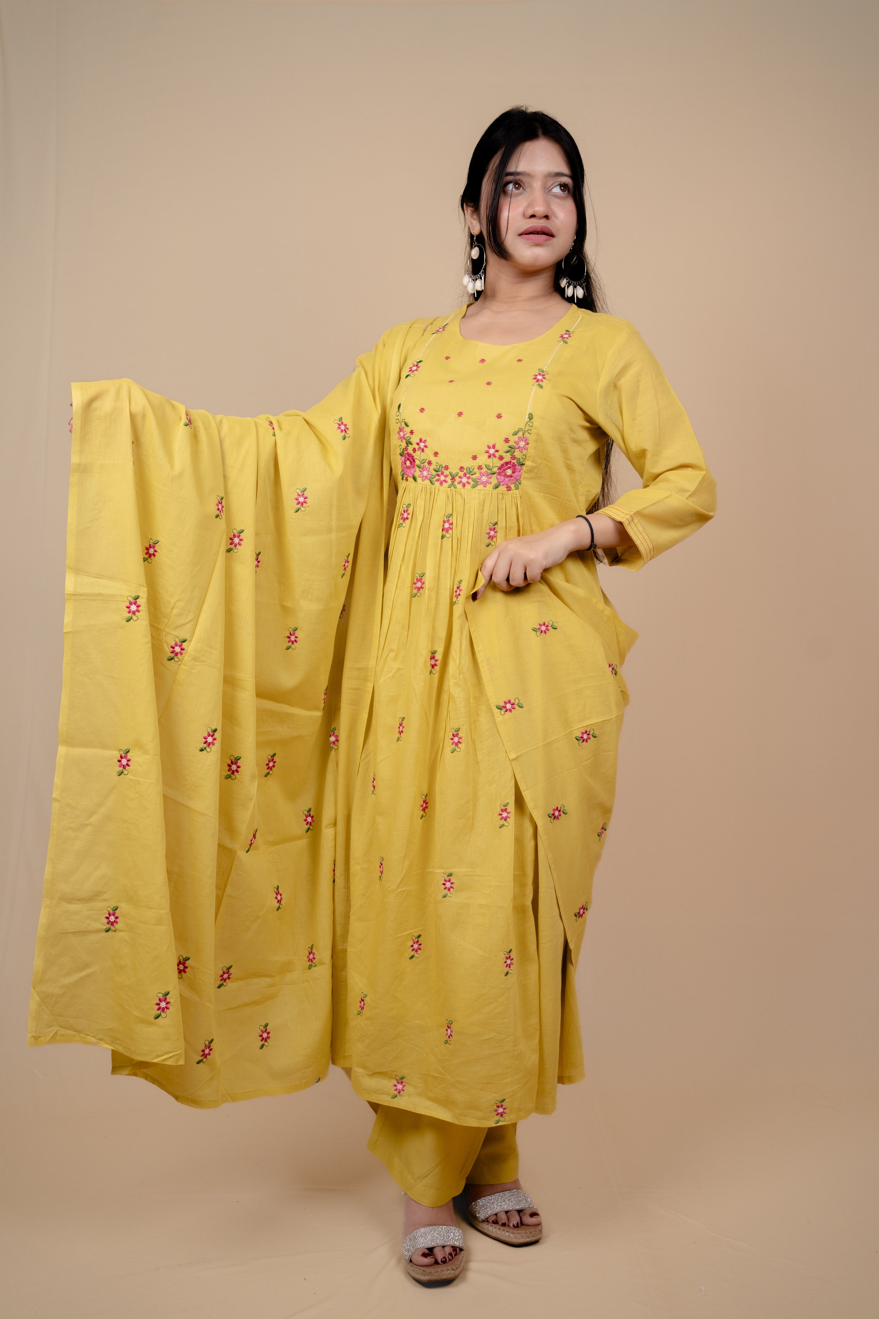 Yellow Mul Cotton A Line Embroidered Kurta Set