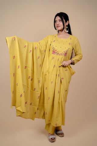 Yellow Mul Cotton A Line Embroidered Kurta Set