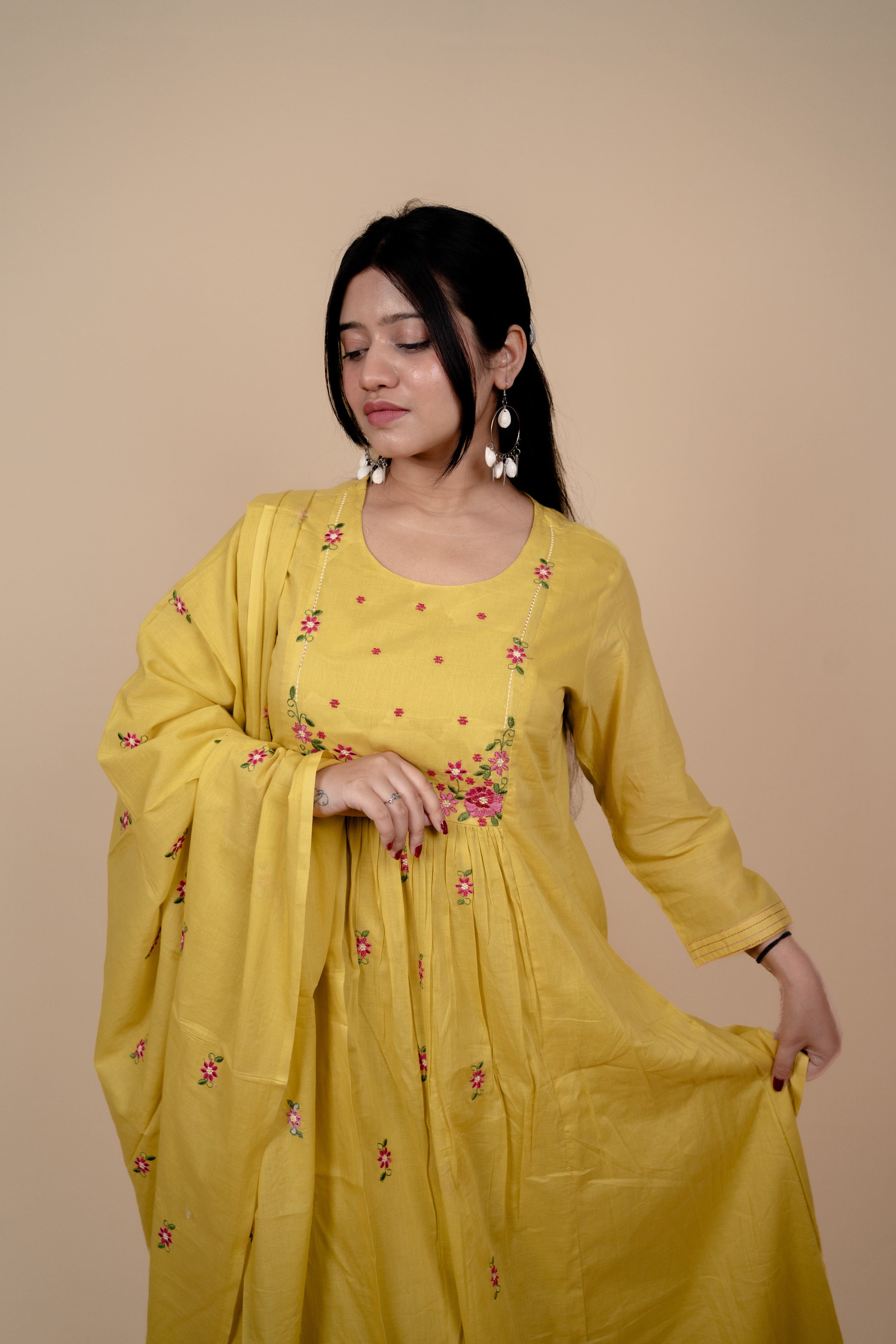 Yellow Mul Cotton A Line Embroidered Kurta Set