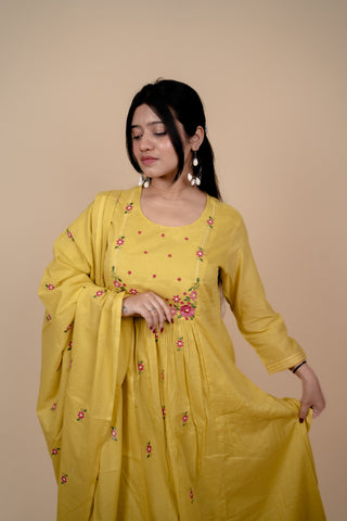 Yellow Mul Cotton A Line Embroidered Kurta Set