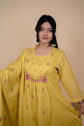 Yellow Mul Cotton A Line Embroidered Kurta Set