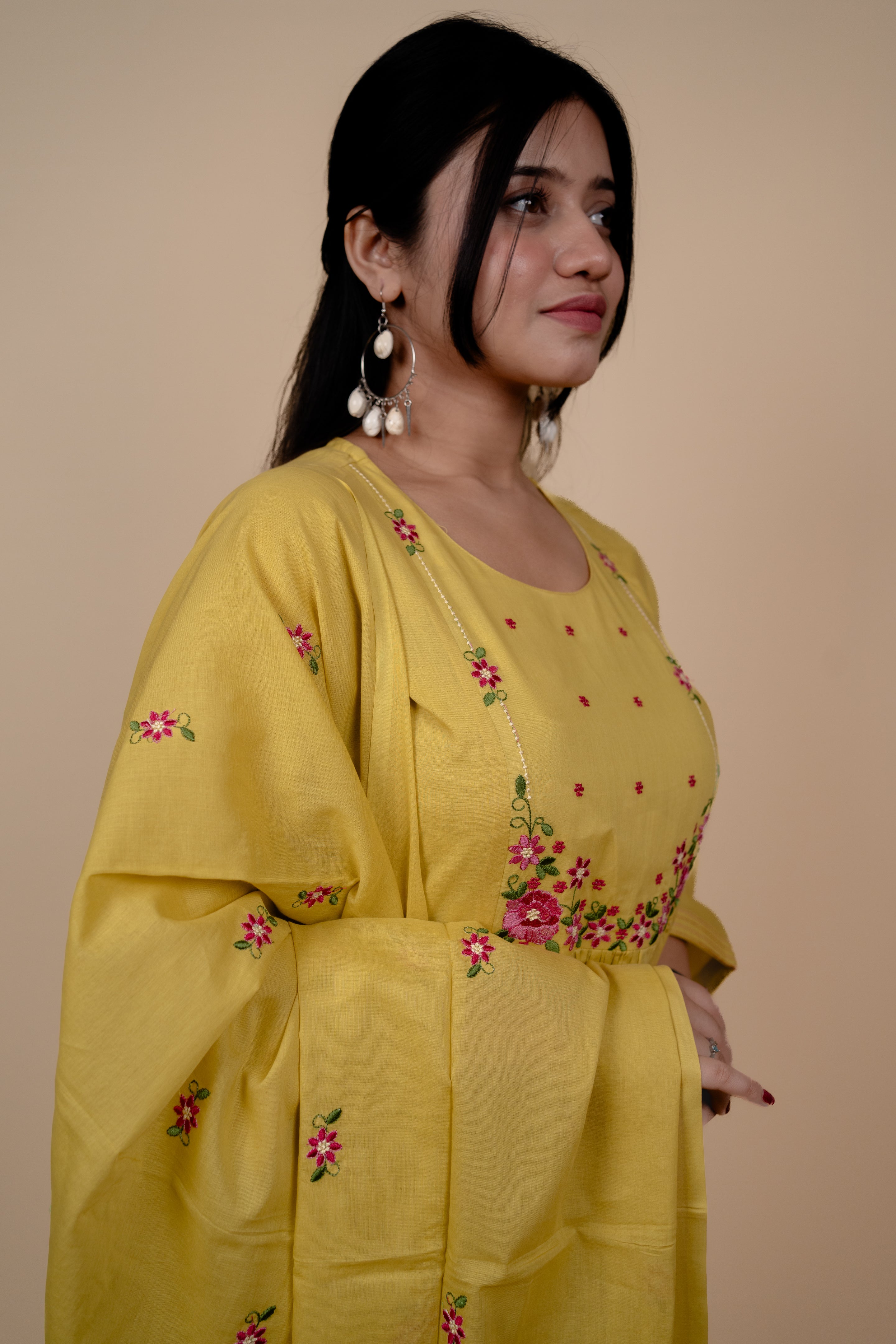 Yellow Mul Cotton A Line Embroidered Kurta Set