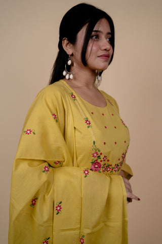 Yellow Mul Cotton A Line Embroidered Kurta Set