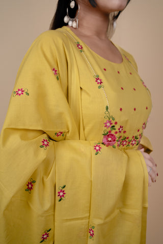 Yellow Mul Cotton A Line Embroidered Kurta Set