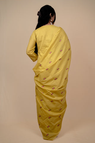 Yellow Mul Cotton A Line Embroidered Kurta Set