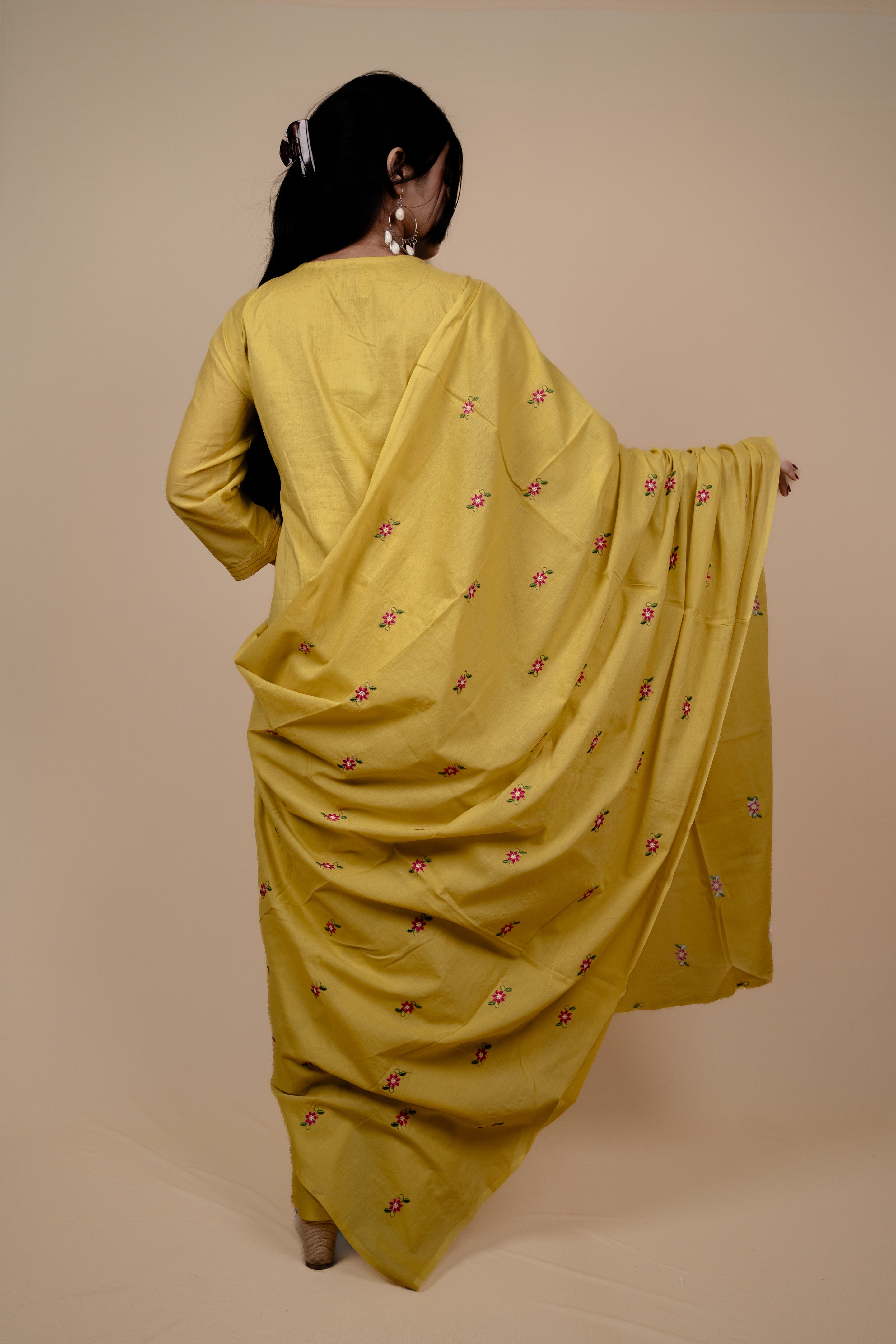 Yellow Mul Cotton A Line Embroidered Kurta Set