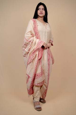 Cream and Pink Traditional Straight Suit Set with Embroidered Neckline