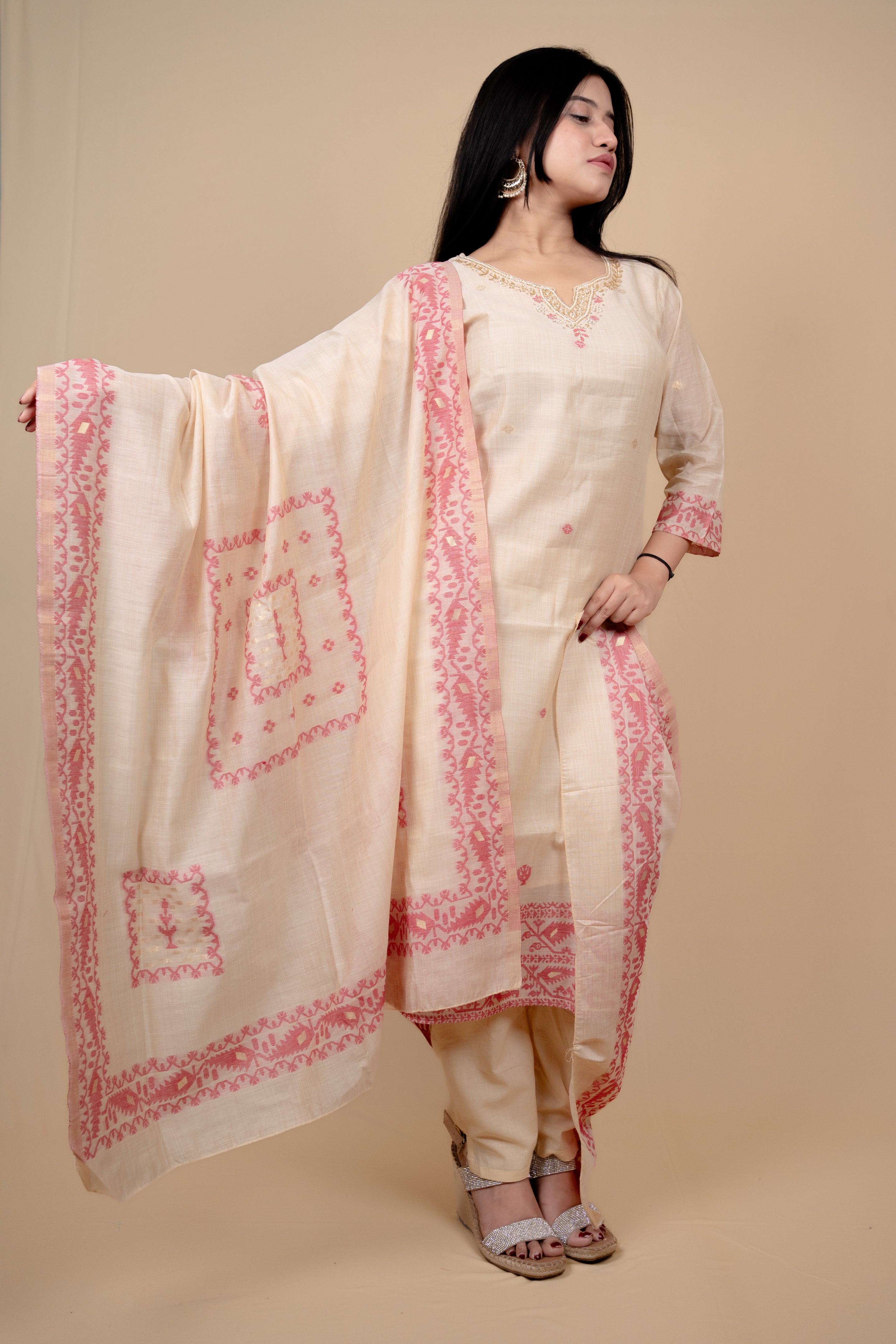 Cream and Pink Traditional Straight Suit Set with Embroidered Neckline