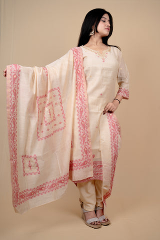Cream and Pink Traditional Straight Suit Set with Embroidered Neckline