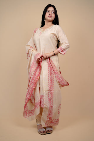 Cream and Pink Traditional Straight Suit Set with Embroidered Neckline
