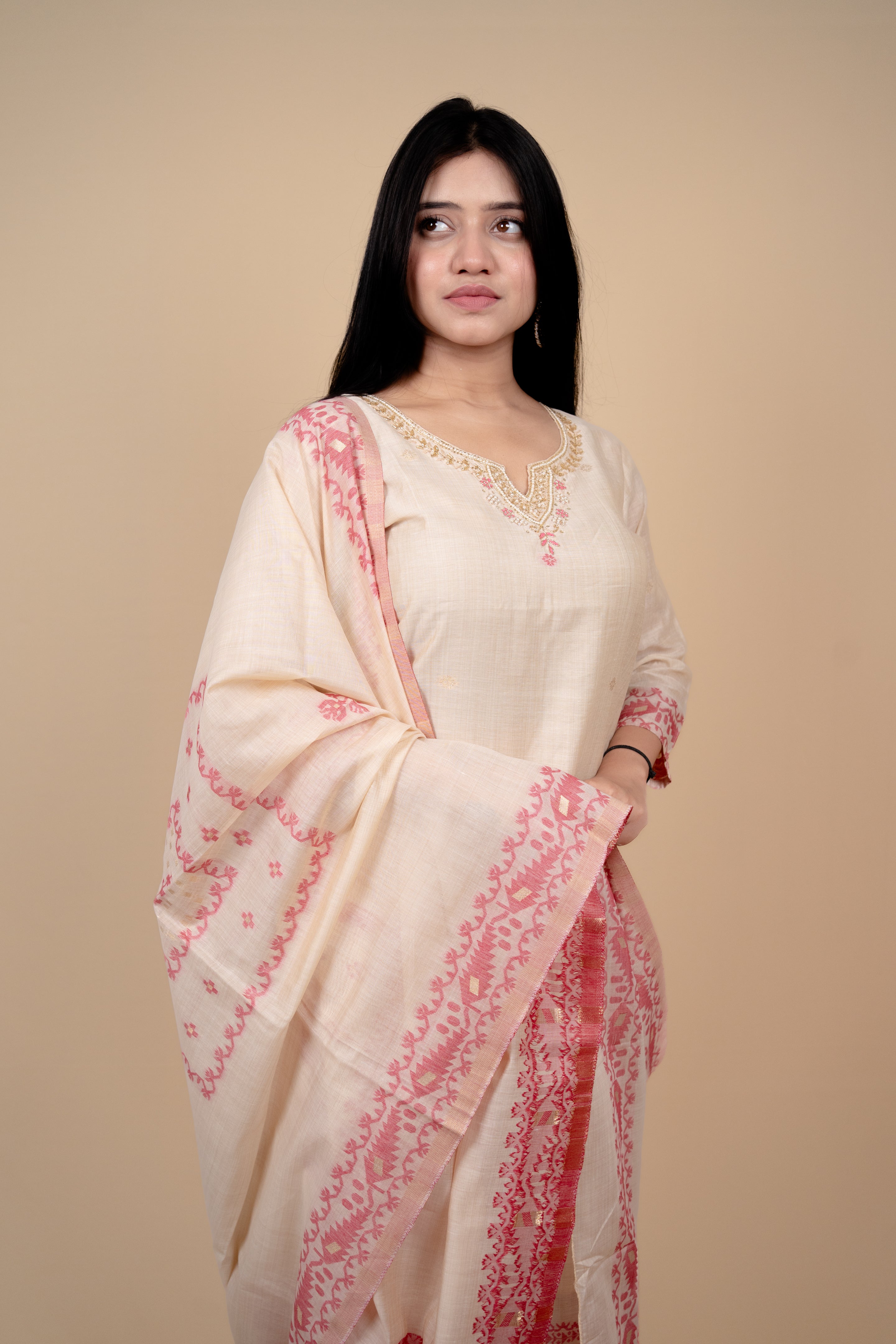 Cream and Pink Traditional Straight Suit Set with Embroidered Neckline