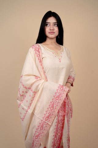 Cream and Pink Traditional Straight Suit Set with Embroidered Neckline